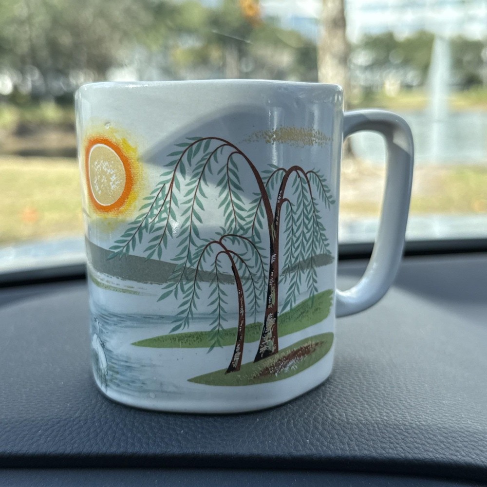 Japanese Countryside With Egrets & Willow Trees, 6 Sided Coffee Mug Vintage EUC